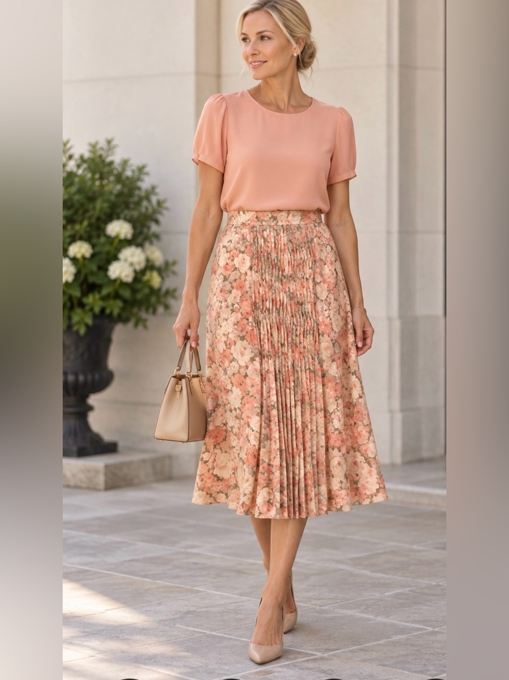 Tristan Floral A-Line Skirt in Beige and Pink Coral